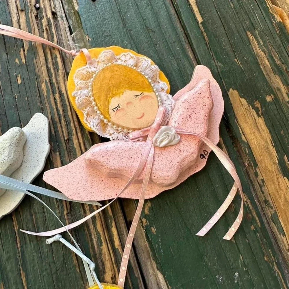 Vintage 1990‎ Handmade Dough Angel Ornaments Set of 5 Lace Pearl Cottagecore 90s